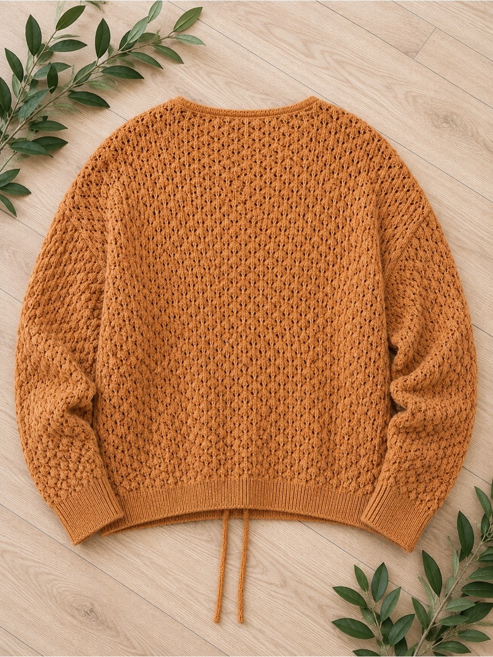 Molly Bracken Textured Popcorn Open Knit Drawstring Sweater Large Camel Apricot - Picture 3 of 9